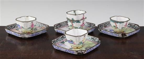 A set of five Canton enamel European subject square cups and four trays, Qianlong period, trays 9.5cm, cups 4.5cm wide, damage (9)